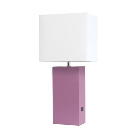 Modern Leather Table Lamp With USB And White Fabric Shade, Purple